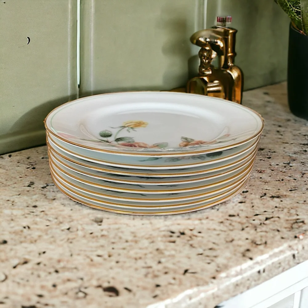 Vintage Kent China Trio Bread Plates Set of 8 Gold Rim Pink Yellow Rose